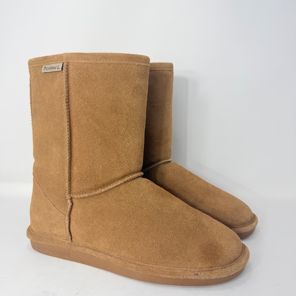Bearpaw Elle Short Hickory Tan Suede Sheepskin Fur Lined Boots Womens 10